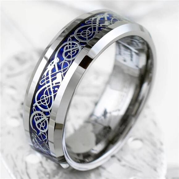Men's Wedding Band Rings - Silver on Blue Celtic Dragon Design - Wedding Rings - Picture 1 of 5